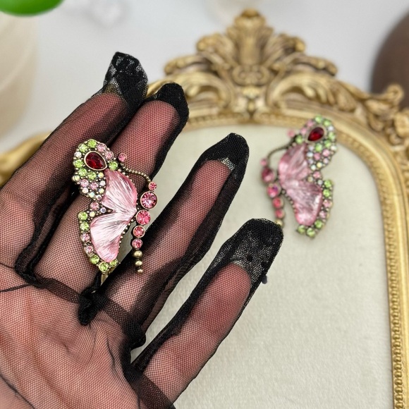 Vintage Butterfly Statement Earrings - Pink, Green & Red Crystal Accents - Picture 7 of 8